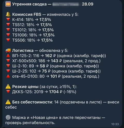 Ферма ботов для маркетплейсов: Утренняя сводка: комиссии, логистика, резкие цены