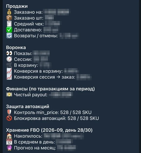 Ферма ботов для маркетплейсов: Сводка: продажи, воронка, защита от автоакций, хранение FBO